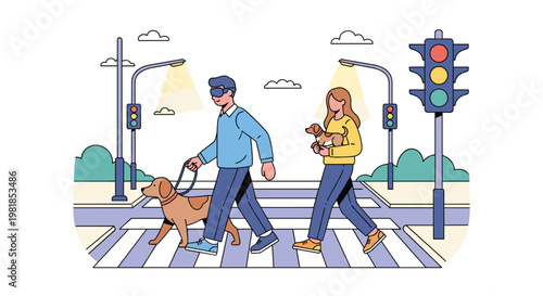 Man and woman using assistive technology glasses and guide dogs to cross city street at pedestrian crosswalk.
