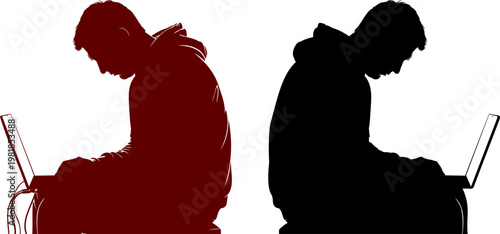 Silhouettes of two hackers, one in red and one in black, working on laptops. concept of cybercrime and data theft.