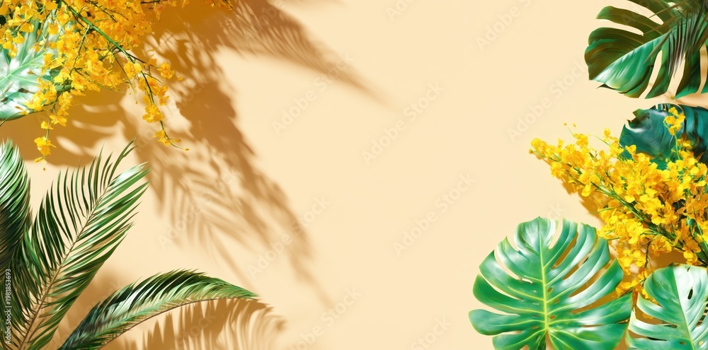 Naklejka premium Tropical leaf shadows and flowers create a natural background