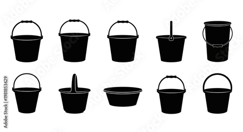 Black bucket icons, bucket silhouettes, metal pail graphics, 10 bucket set