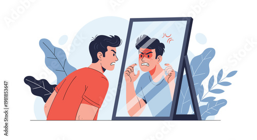 Man wearing orange shirt looking into mirror and seeing an angry version of himself with red face and frowning expression.