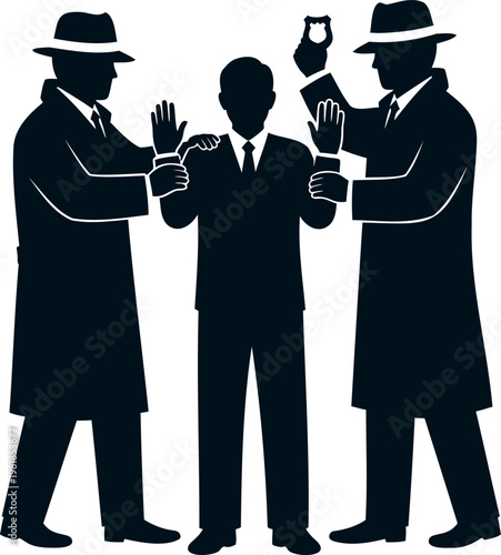 Silhouettes of detectives in hats arresting a man. concept of investigation, law enforcement, and crime solving.