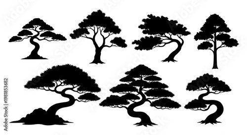 Bonsai tree silhouettes, black tree icons, minimalist landscape elements, vector graphics