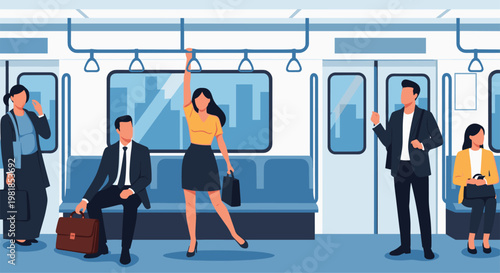 Diverse group of commuters traveling on subway train car with some sitting and others standing while holding handrails.