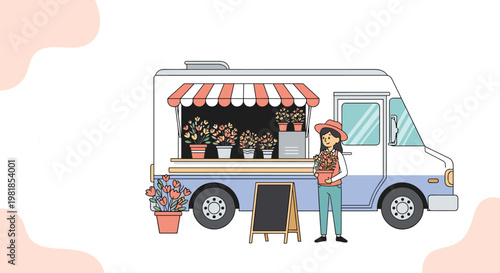 Smiling woman standing next to mobile flower shop truck filled with various colorful potted plants and chalkboard menu.