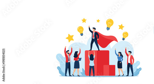 Successful businessman in red superhero cape standing on pedestal surrounded by motivated team celebrating achievements.