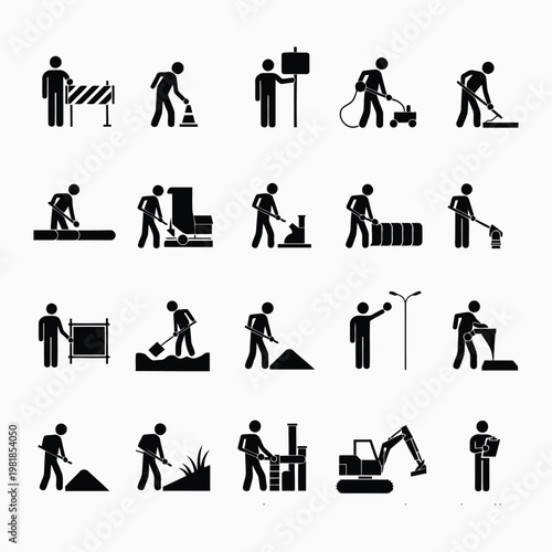 Pictograms of Construction and Maintenance Workers Performing Various Tasks icons