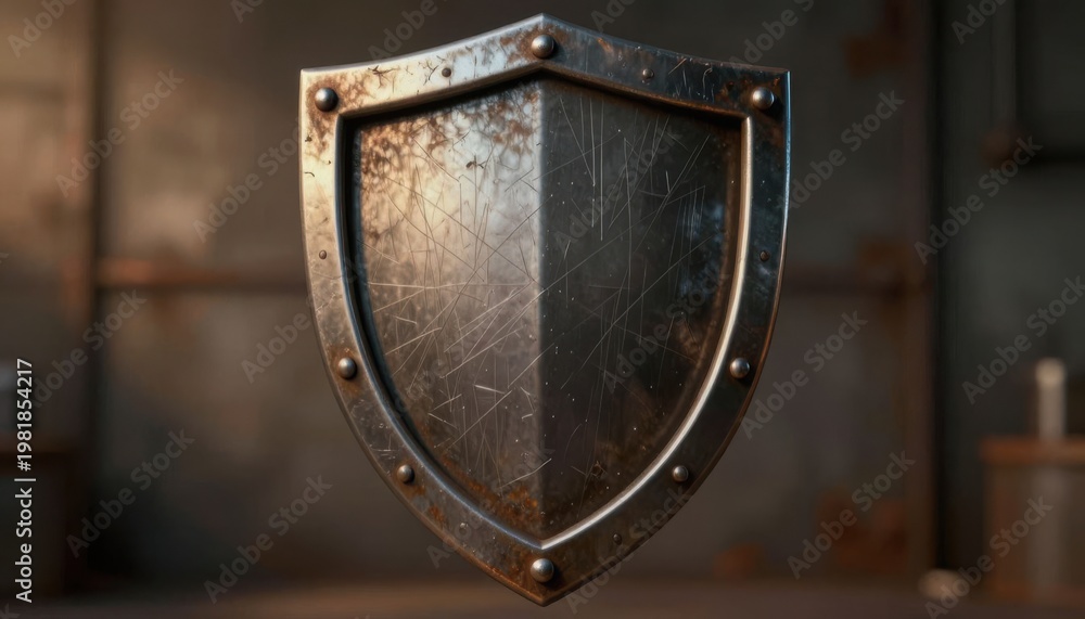 Fototapeta premium rustic metal shield emblem on aged brick wall with dramatic lighting