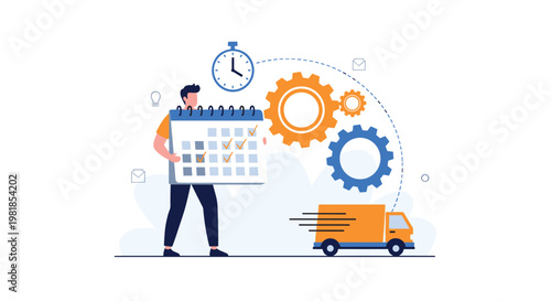 Logistics manager holding large calendar with scheduled tasks near industrial gears and delivery truck for efficient supply chain.