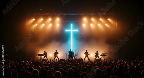 A silhouette of a musical band performing on a concert stage with a large glowing neon cross behind them illuminated by bright stage lights and a cheering crowd in the foreground