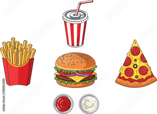 Classic fast food meal combo with drinks and condiments Vector