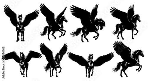 Winged Horse Silhouettes, Pegasus Icons, Black Mythical Creatures, Vector Graphics