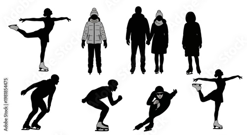 Black silhouettes, ice skating people, vector graphics, sports icons, athletic poses