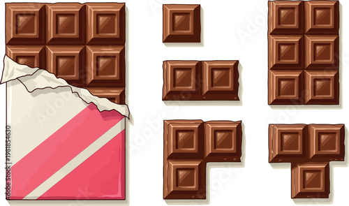 Chocolate Bar with Pieces Broken Off and Partial Packaging for Sweet Treats, Snacks, and Dessert Graphic Designs