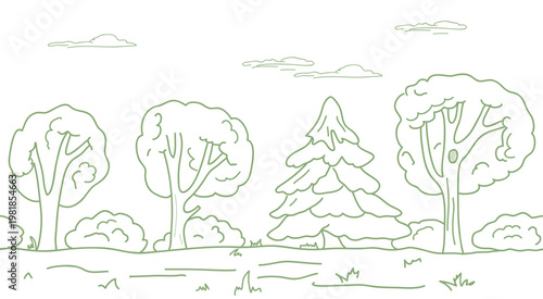 Trees and fir trees in a city park, hand-drawn sketch in the forest. Vector illustration. Seamless border isolated on a white background. Linear drawing