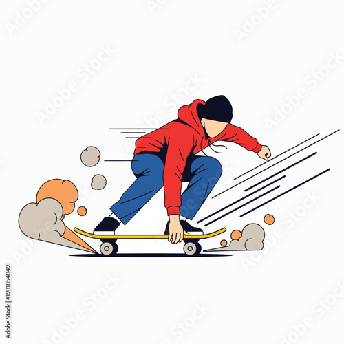 Illustration of a young man skateboarding with motion lines and dust clouds on a white background with a dynamic and energetic mood.