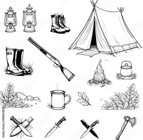 Tent, axe and campfire, hunting knife, pot and kerosene lamp, set of drawings. Vector illustration. Collection of items for travel and hiking, isolated on a white background