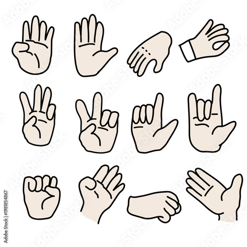 Palms, a set of gestures and signs in a simple line sketch. Hand-drawn illustrations of fingers, symbols, emotions, and communicative gestures isolated on a white background. Vector illustration.