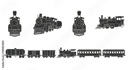 Vintage train locomotives, steam engine silhouettes, railroad cars, transportation icons, vector graphics