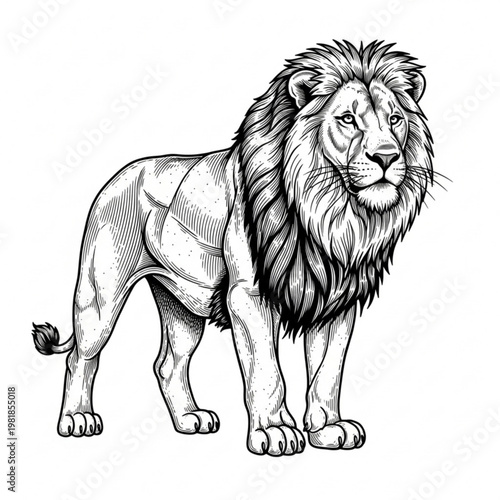 A detailed black and white illustration of a majestic lion standing proudly with a powerful physique and a shaggy mane.