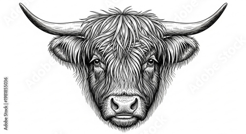 A detailed black and white illustration of a Highland cow's head with long hair and horns
