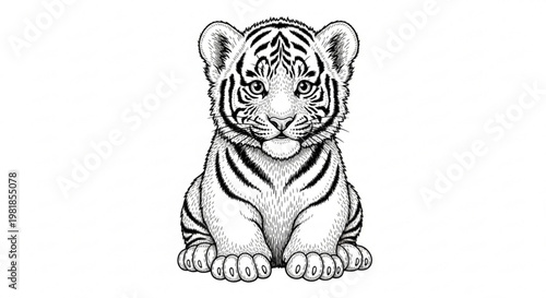 A black and white illustration of a cute tiger cub sitting on a plain background