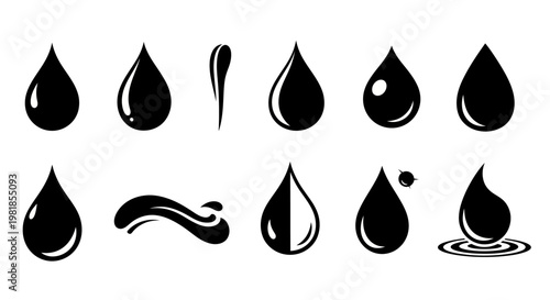 Water Droplet Icons, Black Vector Graphics, Liquid Symbols, 10 Droplet Shapes