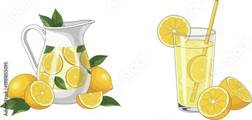 Lemonade Pitcher and Glass with Lemon Slices for Refreshing Beverage, Summer, and Drink Graphic Designs