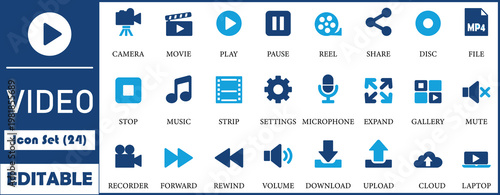 Video icon set. Containing camera, play, pause, media, online video, live, production, player, movie,volume, viewer, and cinema icons. Solid icon collection.