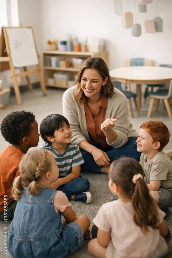 Fototapeta premium Children learning with joyful teacher