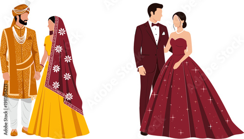 Traditional Indian Wedding Couple and Western Bride Groom Pair in Elegant Attire for Cultural Marriage, Ceremony and Celebration Illustration