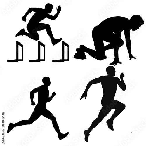 A Collection of Running Athlete Silhouettes: Hurdlers, Crouch Starters, and Sprint Runners