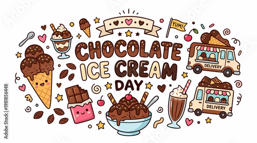 Chocolate Ice Cream Day illustration with cute characters and delivery trucks