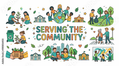 Community Service Illustration: People Helping Earth, Planting, Recycling