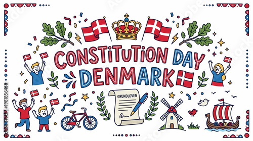 Constitution Day Denmark Celebration - Flags, Crown, People, Viking Ship