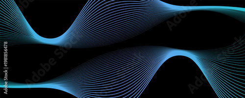 abstract wavy lines background. Vector wave lines smooth flowing dynamic blue green gradient light isolated on black background.