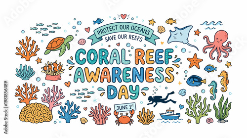 Coral Reef Awareness Day Cute Doodle Illustration