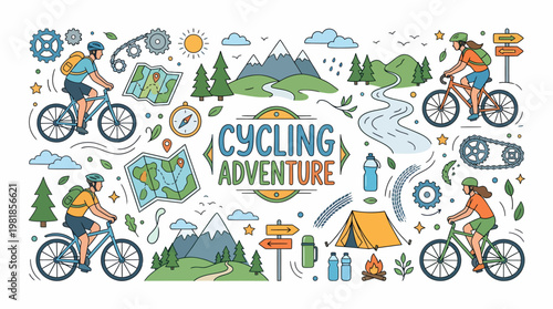 Cycling Adventure Illustration: Mountain Biking, Camping, Maps