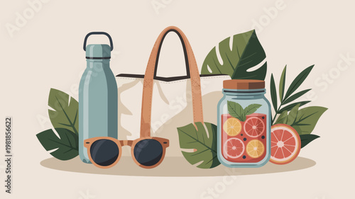 Flat lay of summer accessories including water bottle tote bag sunglasses fruit infused drink with tropical leaves eco friendly sunglasses hydration refreshment grapefruit collection reusable