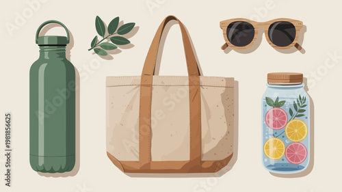 Reusable tote bag water bottle sunglasses fruit infused water jar flat lay with eco friendly sunglasses refreshment hydration accessories reusable lifestyle overhead collection grapefruit