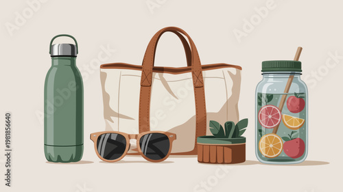 Summer lifestyle flat lay with water bottle tote bag sunglasses potted plant fruit infused water eco friendly sunglasses accessories hydration refreshment grapefruit collection reusable