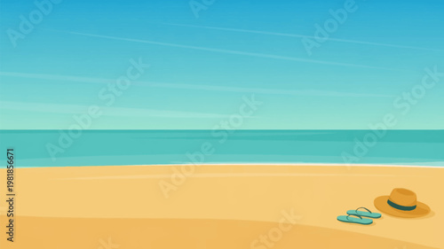 Empty beach with calm ocean straw hat and flip-flops vacation tropical relaxation accessories footwear peaceful seascape destination