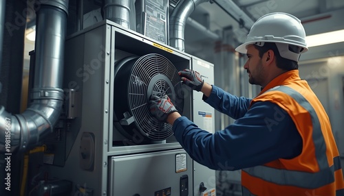 A safety-conscious industrial worker wearing a hard hat and vest is checking a large fan inside machinery.