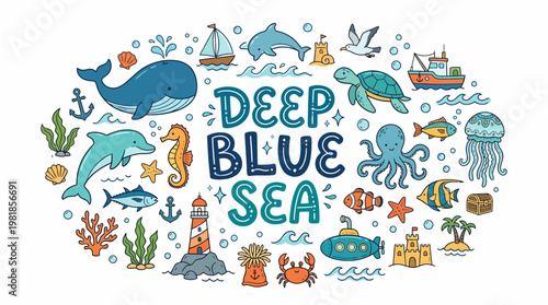 Deep Blue Sea Creatures and Marine Life Illustration