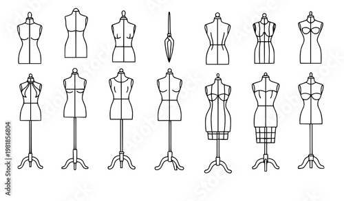 Mannequin line icon set tailoring dress form vector collection