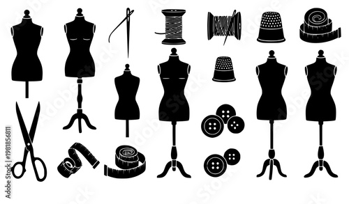 Mannequin silhouette icon set fashion tailoring vector symbols