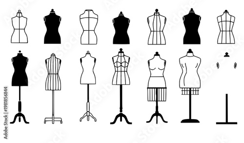 Fashion mannequin icon set dress form tailoring vector collection