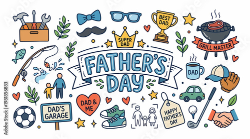 Father's Day Doodle Icons Set - Dad, Love, Gifts, Hobbies