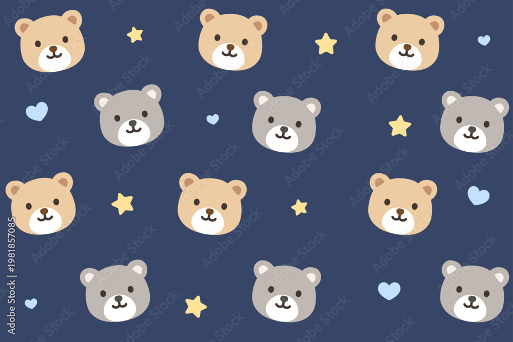 Obraz premium Cute bear seamless pattern. Cartoon bear with scattered stars and hearts on dark blue background. Cozy night theme. Seamless vector pattern.