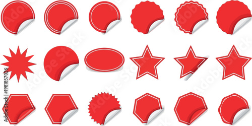 Red Stickers with Different Shapes and Peel Effects for Marketing, Promotion, and Graphic Design  Stickers with Different Shapes and Peel Effects for Marketing, Promotion, and Graphic